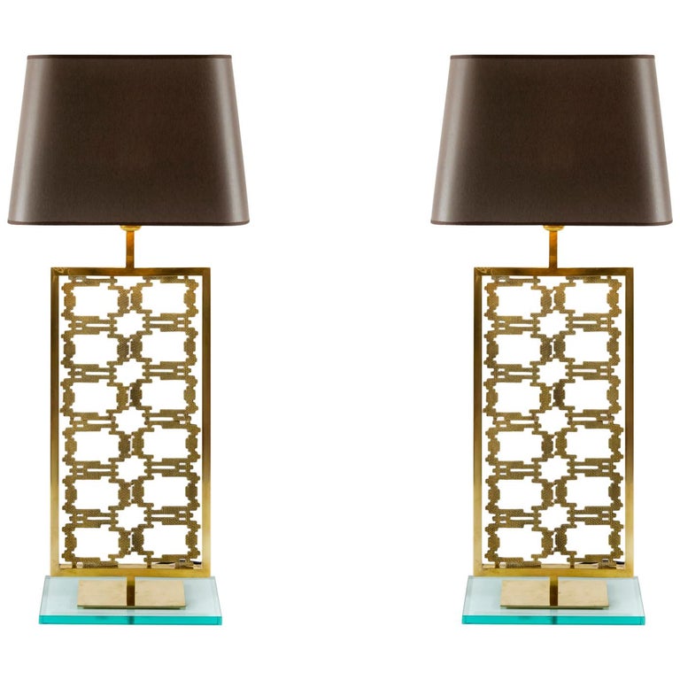 Pair of Contemporary Italian Table Lamps in Brass and Solid Glass For
