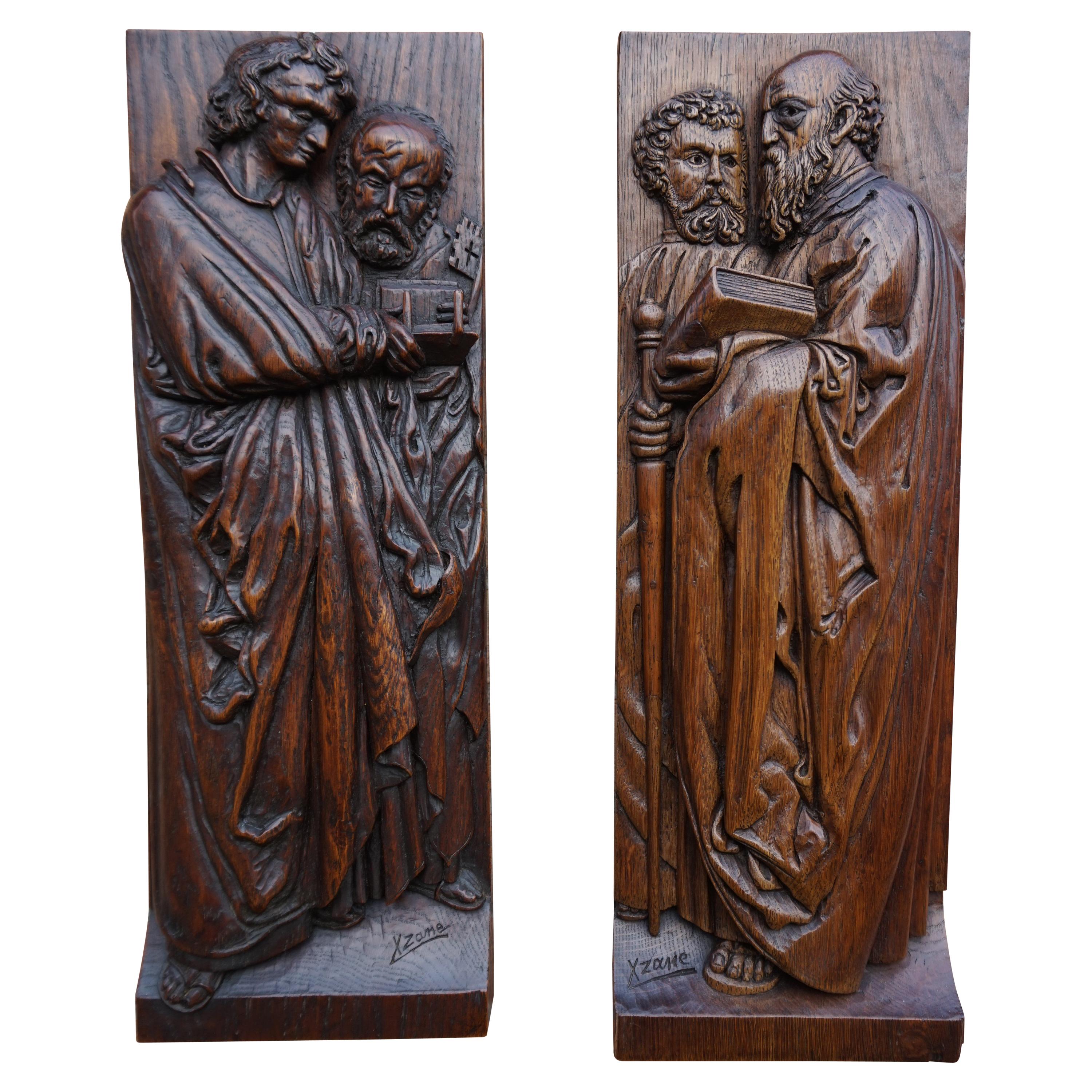 Pair of Hand Carved Antique Wall Plaques with Apostles or Clergyman Sculptures