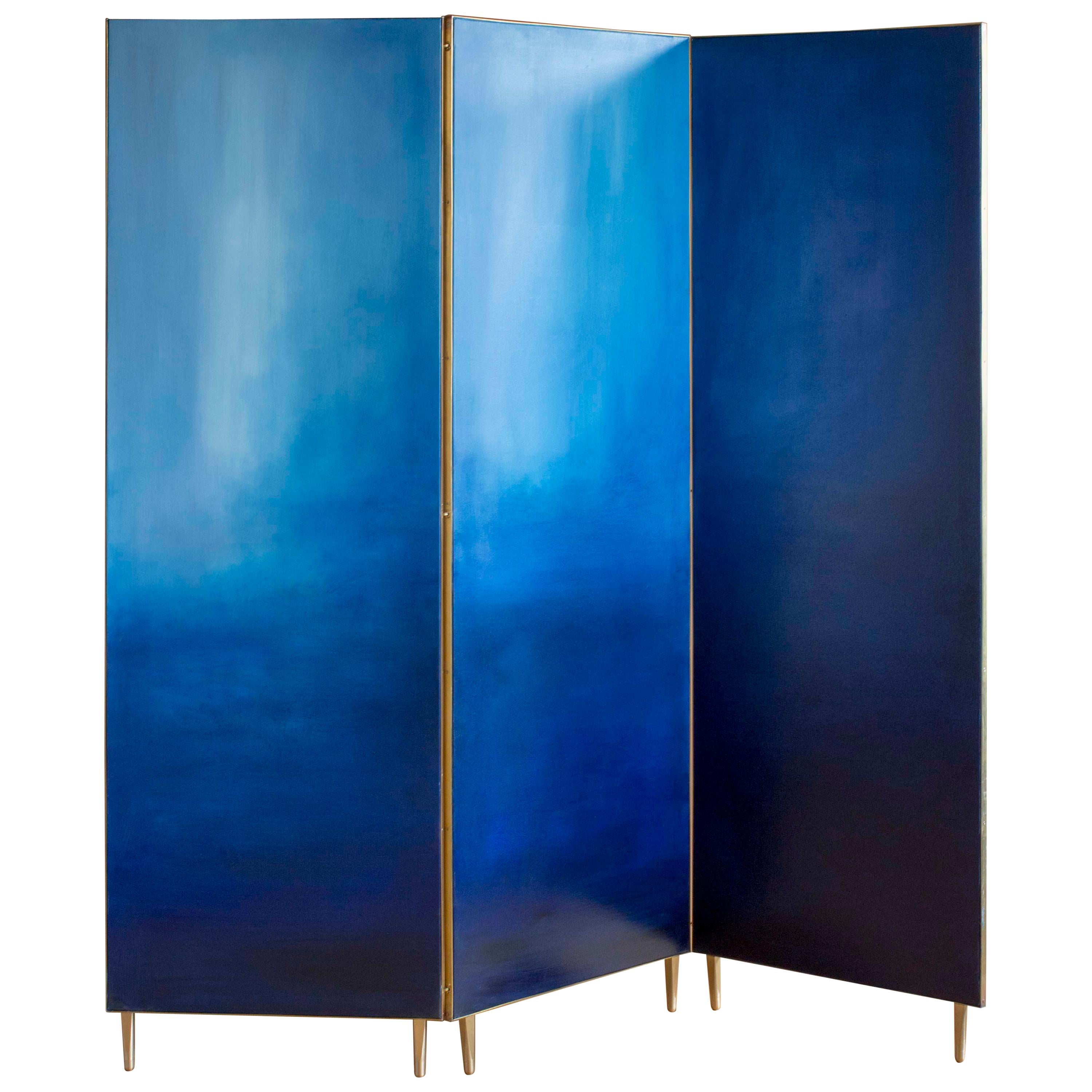 Double Sided and Hand Painted Oil on Canvas Three-Panel Brass Framed Screen