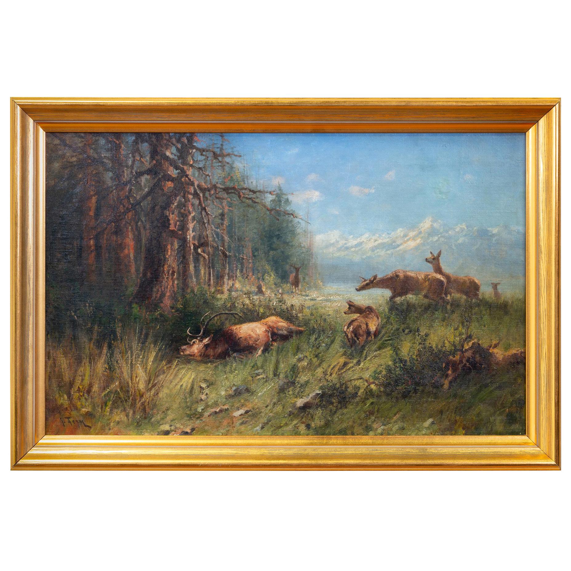 Peinture à l'huile originale « Montana Landscape with Felled Elk » de John Fery