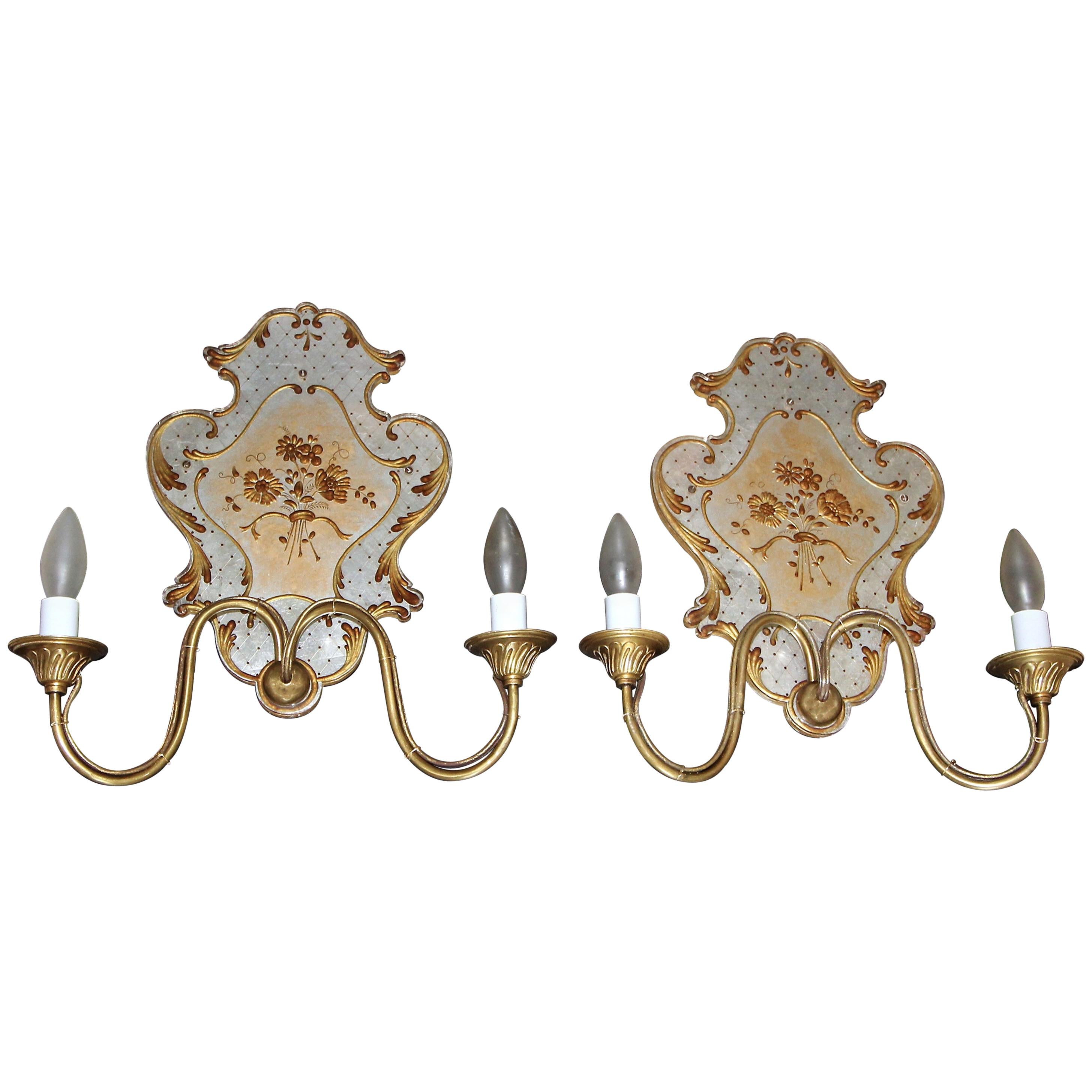 Pair Italian Venetian Eglomise and Brass Wall Sconces