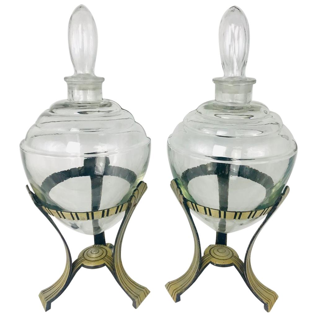 Pair of Art Deco Glass Stoppered Vessels with Stands For Sale