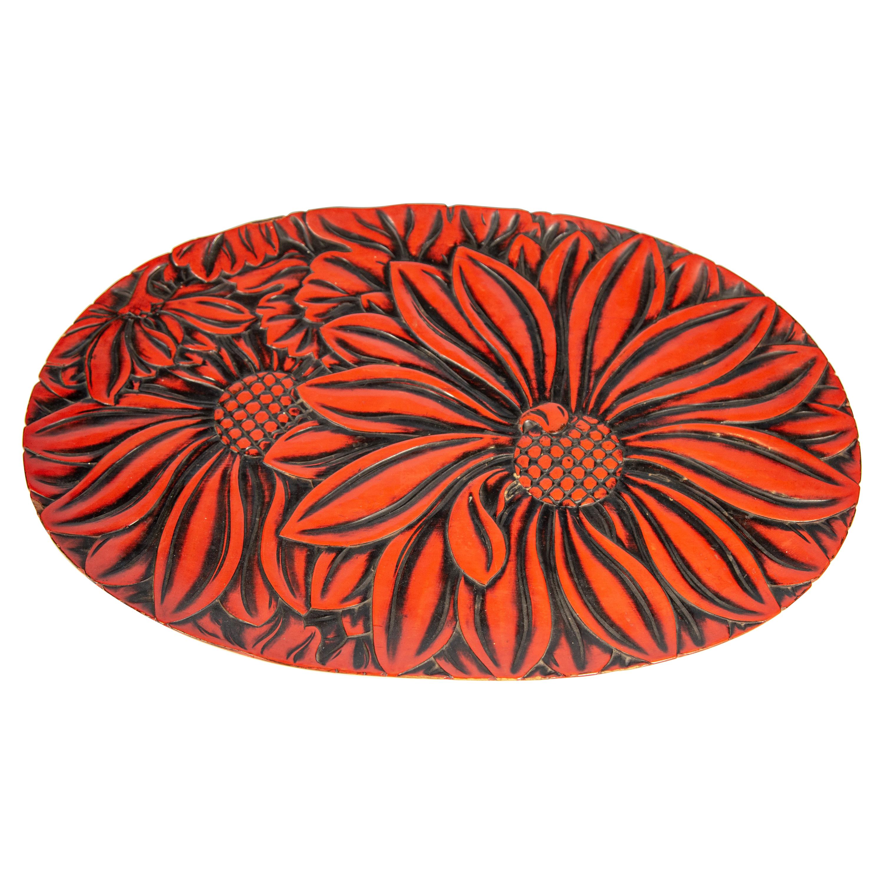 Japanese Carved Wood and Negoro Lacquer Oval Tray, circa 1920