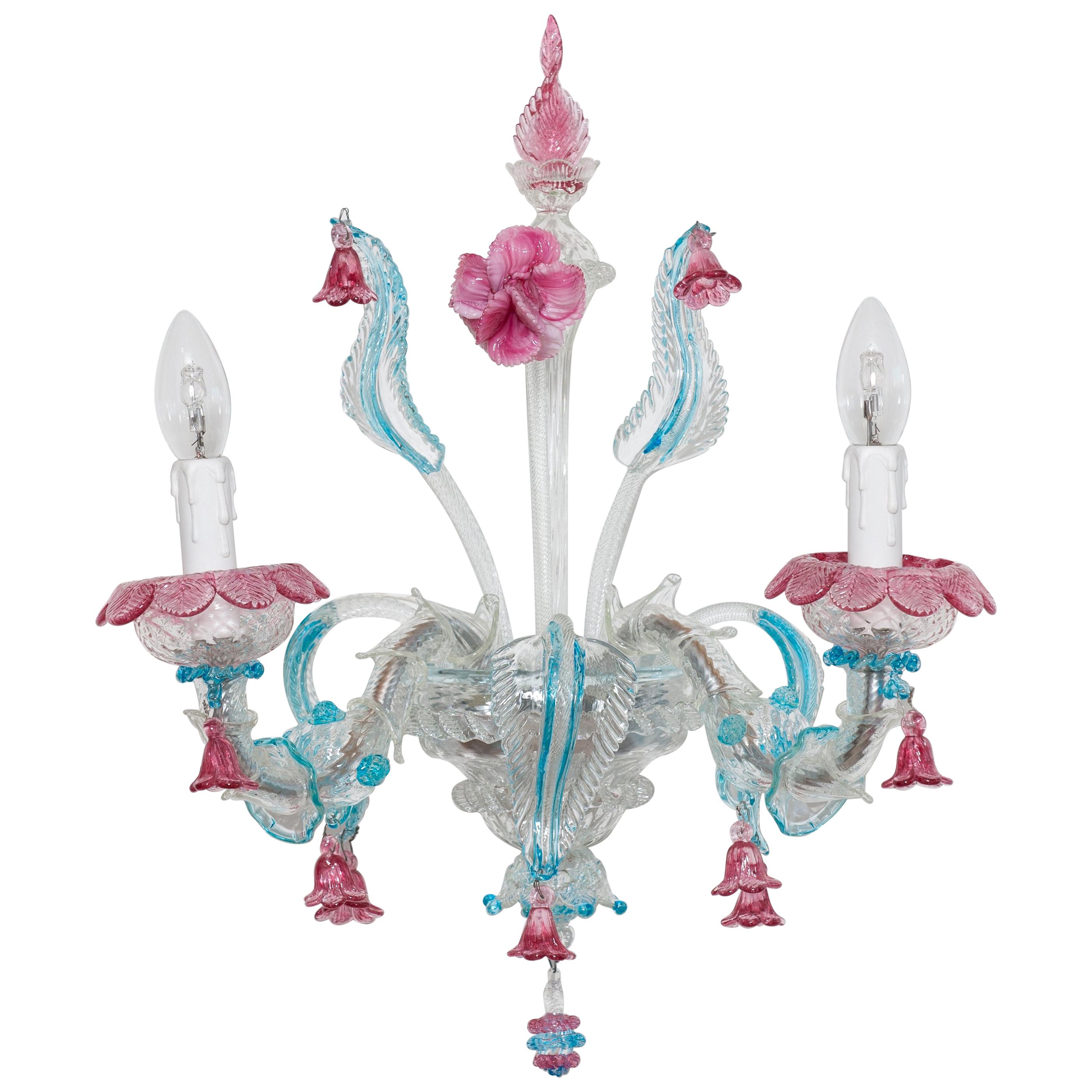 Single Sconce in Blown Murano Glass Pink and Light Blue Rezzonico 1980s Italy For Sale