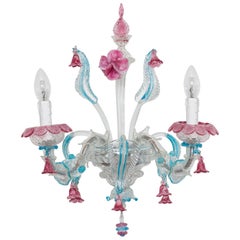 Vintage Single Sconce in Blown Murano Glass Pink and Light Blue Rezzonico 1980s Italy