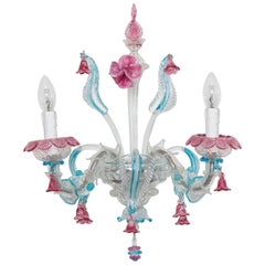 Einzelner Wandleuchter aus mundgeblasenem Murano-Glas Rosa und Hellblau Rezzonico 1980er Jahre Italien