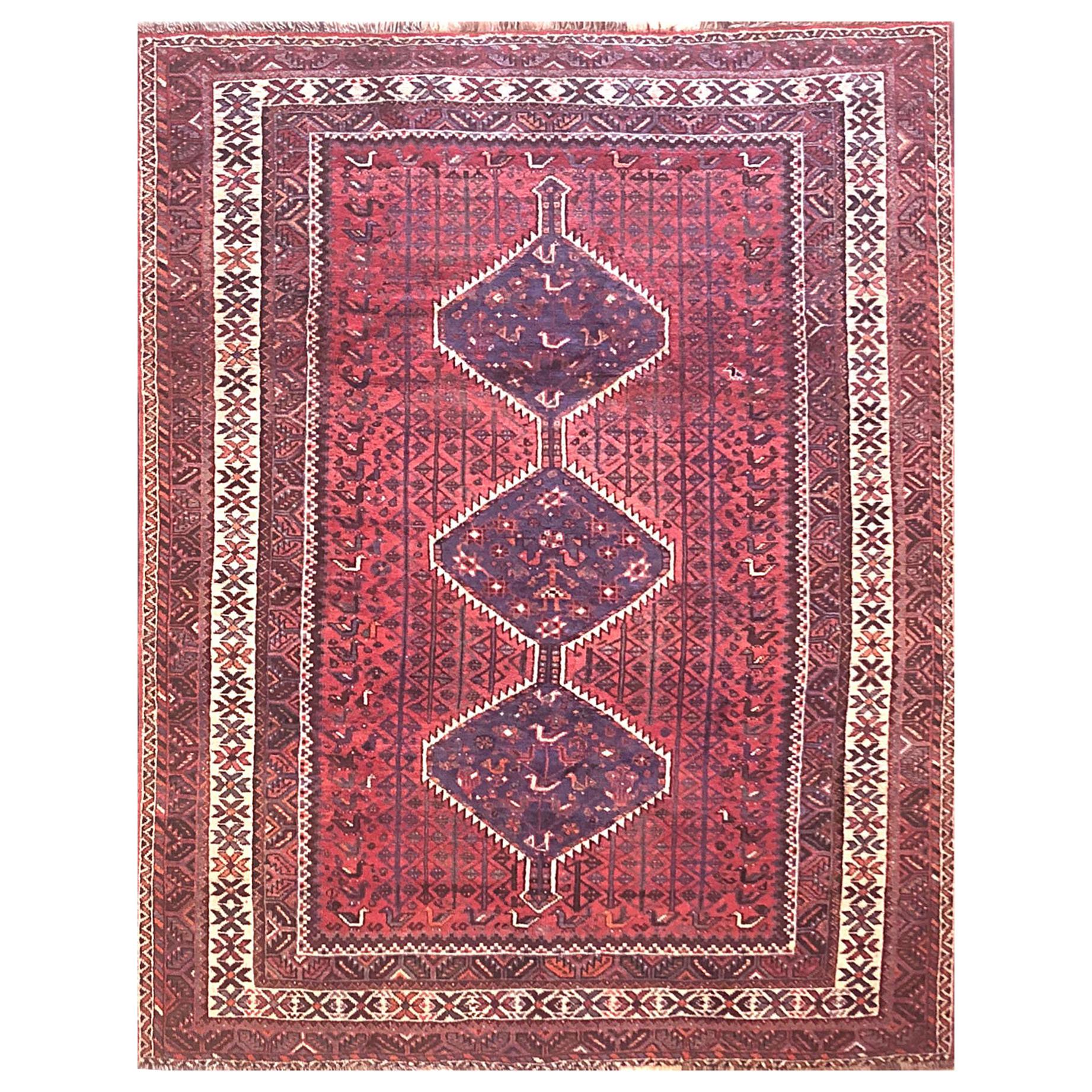 Vintage Persian Hand Knotted Tribal Medallion Red Shiraz Rug, circa 1960s