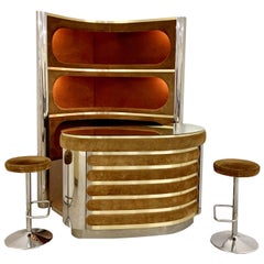 Dry Bar and Illuminated Storage of Willy Rizzo with Two Stool, Italy, 1970s