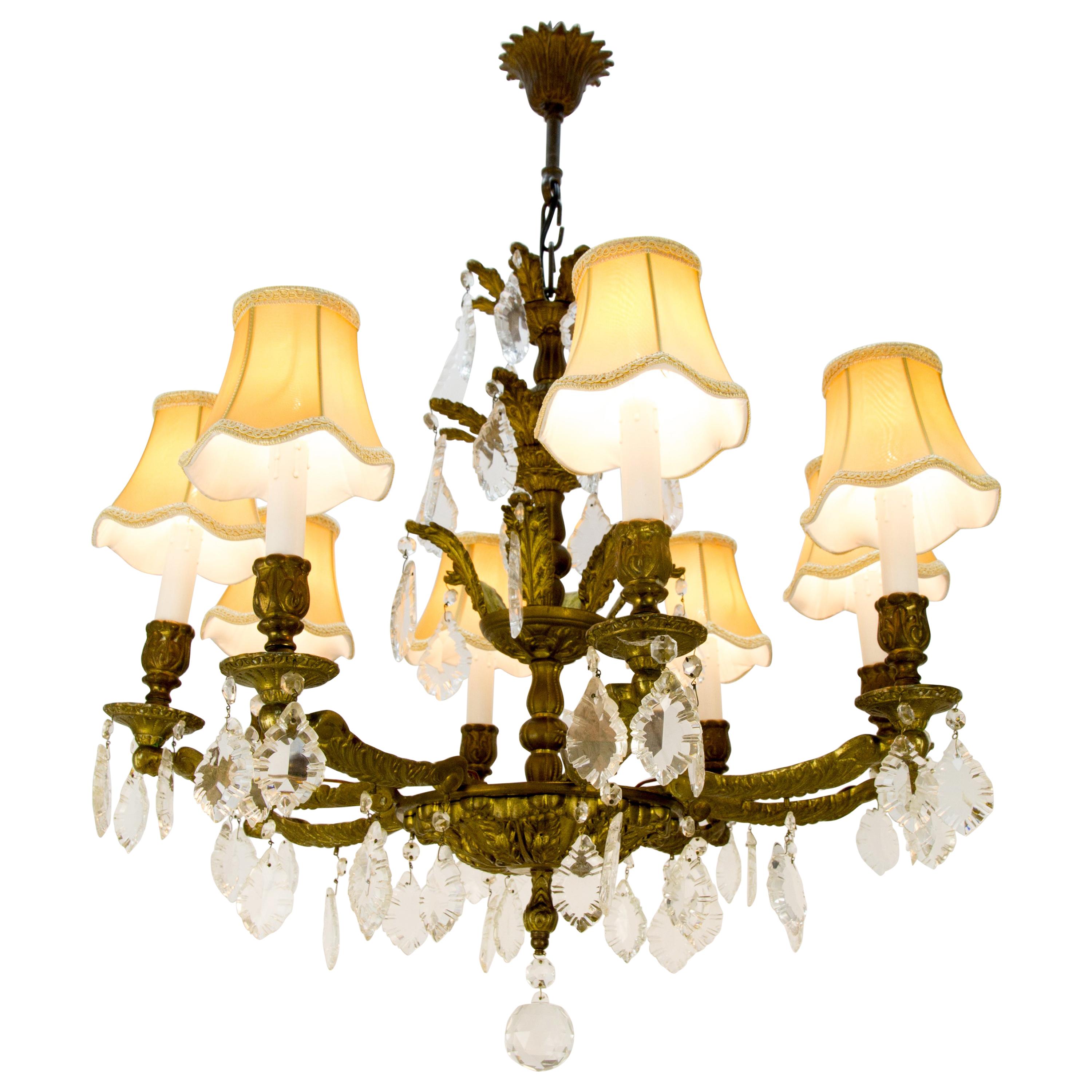 French Louis XVI Style Bronze and Crystal Eight-Light Chandelier For Sale