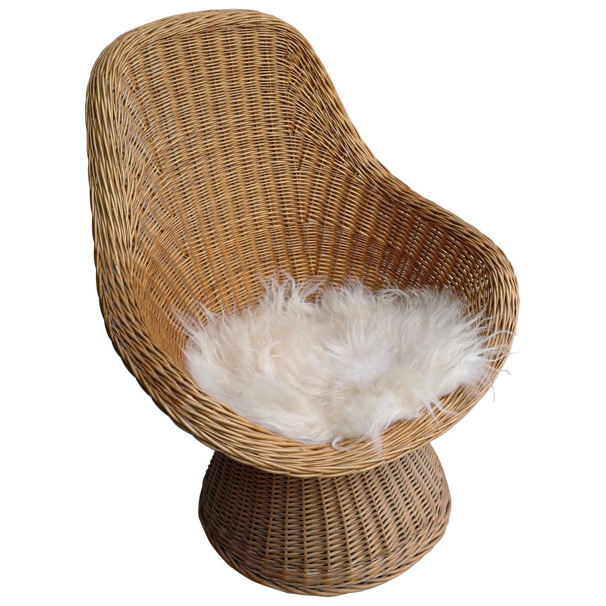 Hand Twined Blond Willow Lounge Chair with White Sheep Wool Pillow