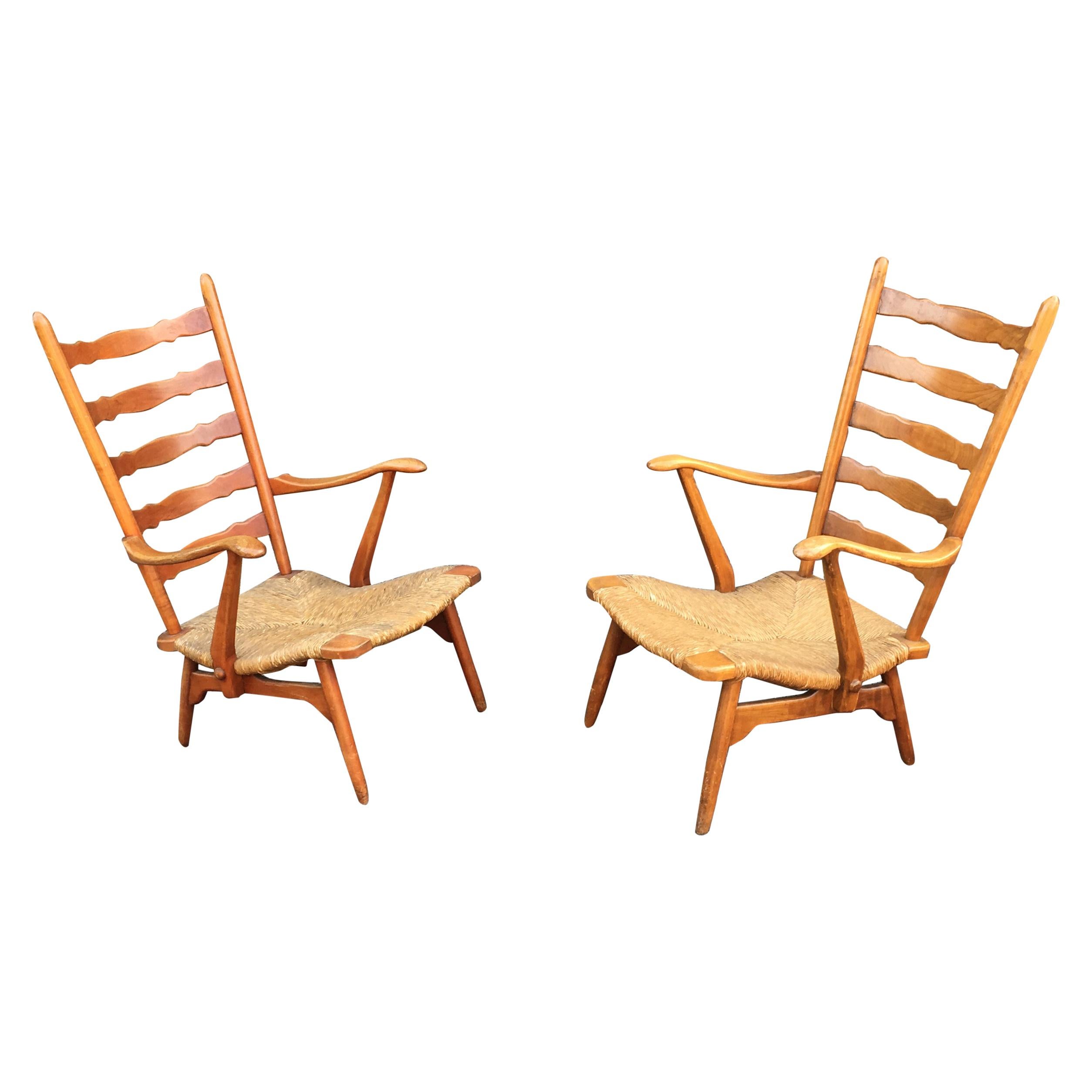 Paire de fauteuils italiens en cerisier et paille attribués à Paolo Buffa