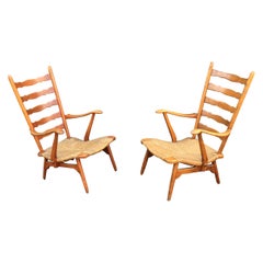 Paolo Buffa 'Attributed to' Pair of Cherrywood and Straw Italian Armchairs