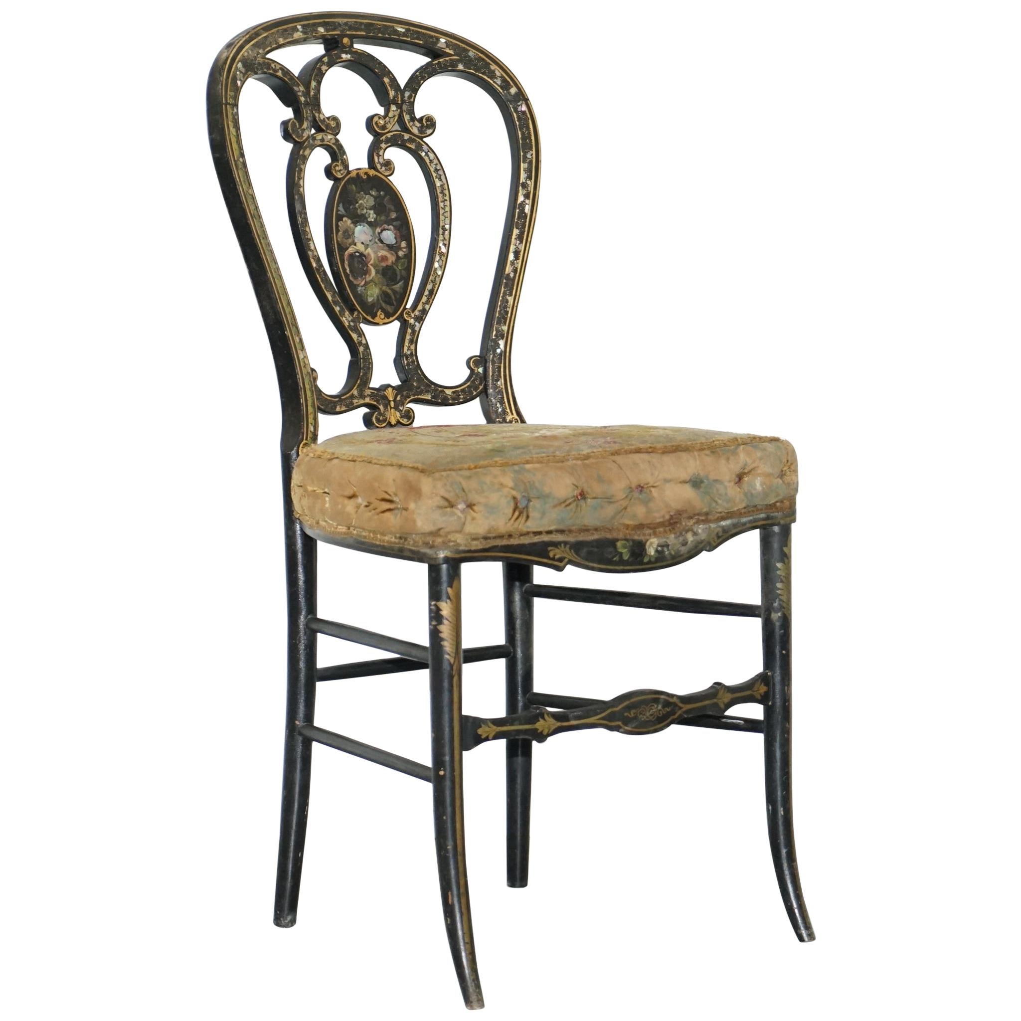 18th Century Very Rare Early Georgian Hand Painted Chinoiserie Ebonized Chair