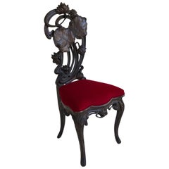 Art Nouveau Hand Carved Wooden Hall Chair with a Red Velvet Seat, circa 1900