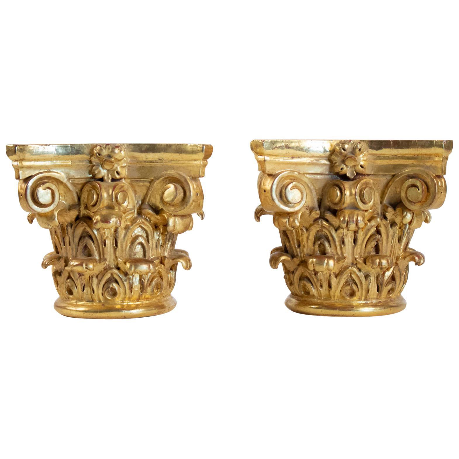 Pair of Column Tops Carved and Gilded, 20th Century