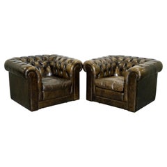Pair of Vintage Chesterfield Leather Club Armchairs Feather Cushions 4 Available
