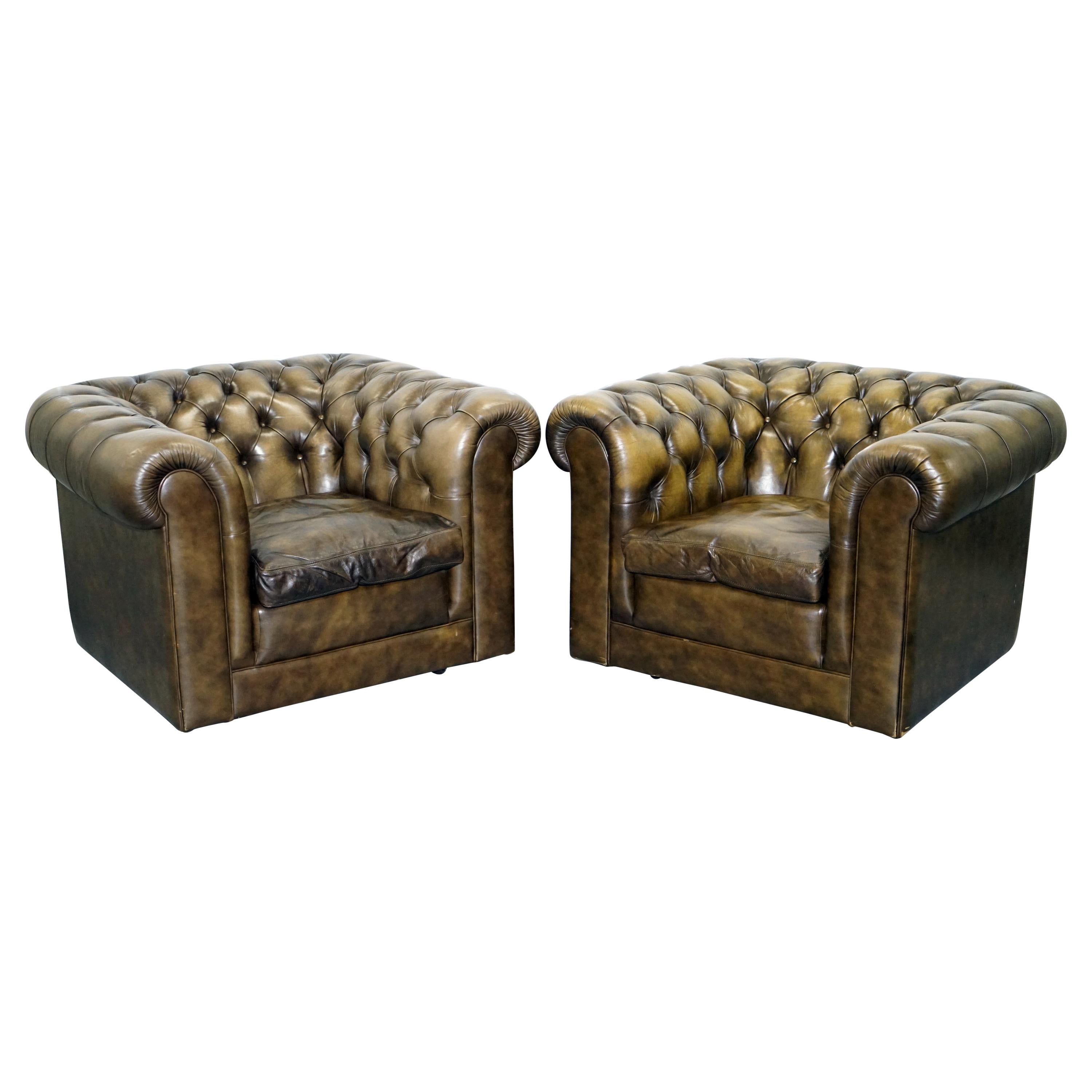 Two Vintage Chesterfield Leather Club Armchairs Feather Cushions For Sale