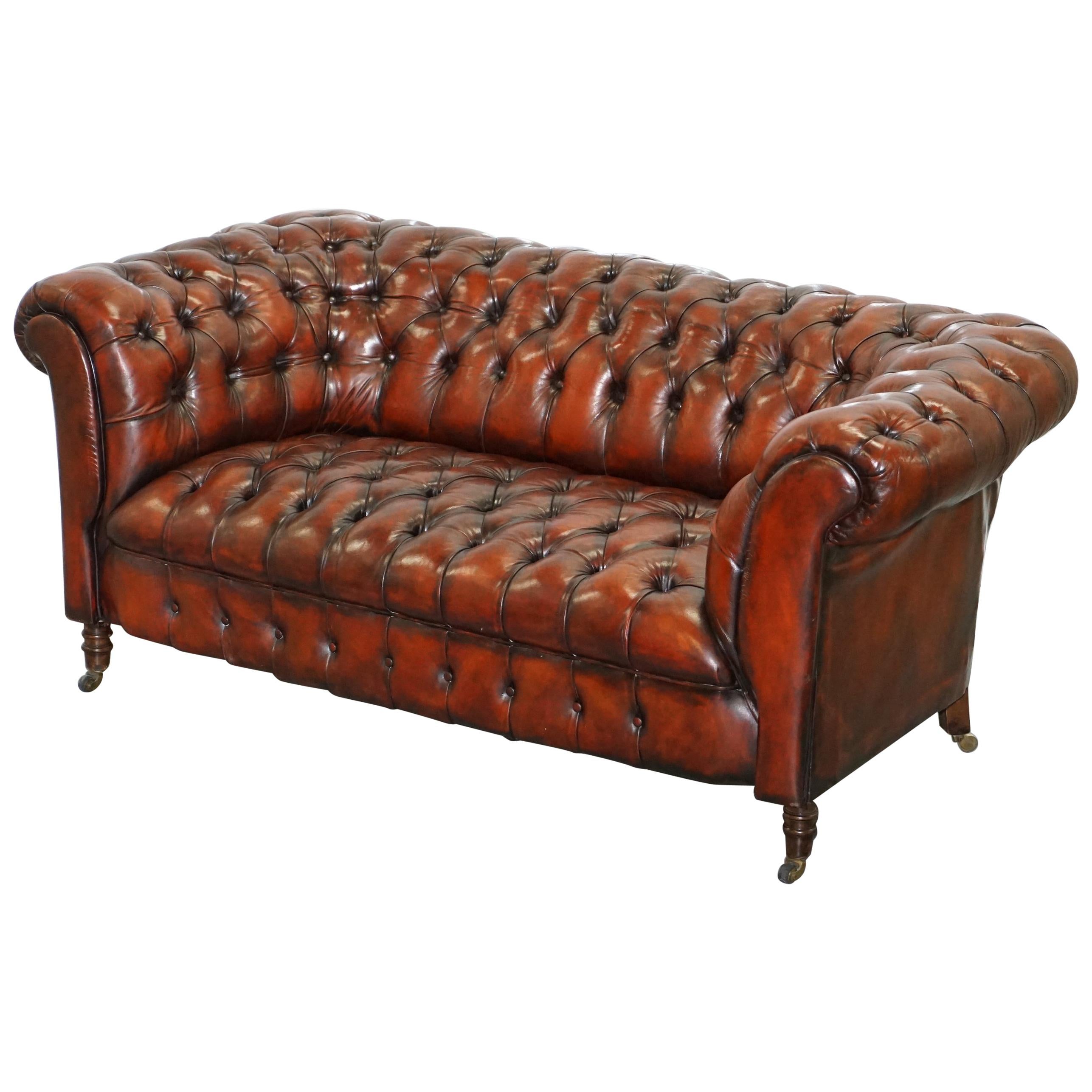 Small Restored Chesterfield Victorian Whisky Brown Leather Sofa