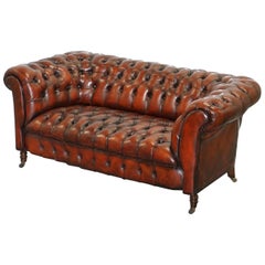 Small Restored Chesterfield Victorian Whisky Brown Leather Sofa