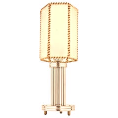 American Art Deco Studio Aluminum & Lucite Lamp with Gimped Hexagonal Shade