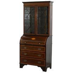 Gillows Atributed Astral Glazed Georgian 1800 Satinwood Mahogany Bureau Bookcase