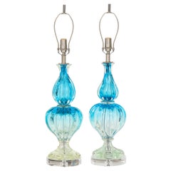 Seguso Blue, Clear Murano Glass Lamps