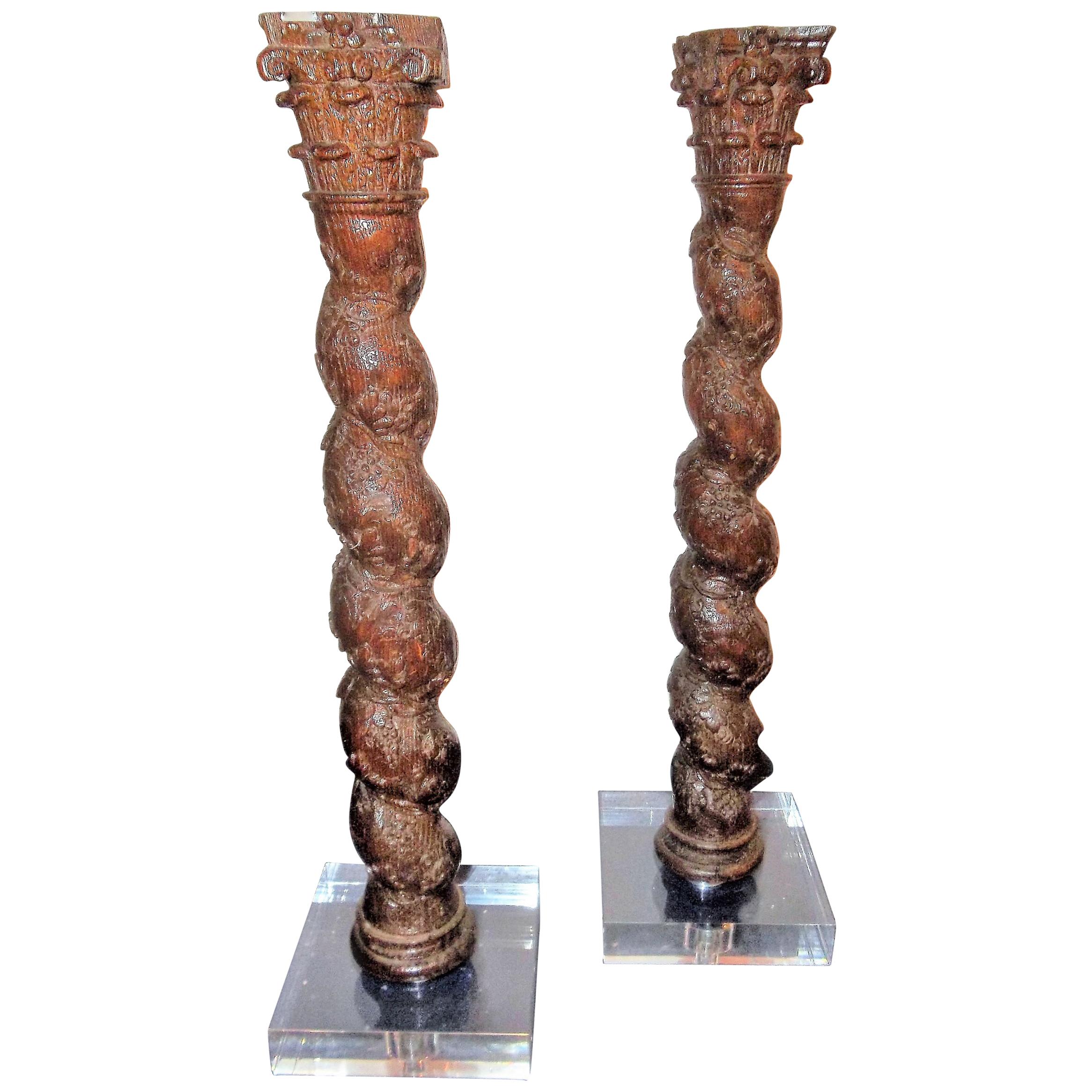 Pair of Italian Oak or Beech Architectural Carved Solomonic Corinthian Columns