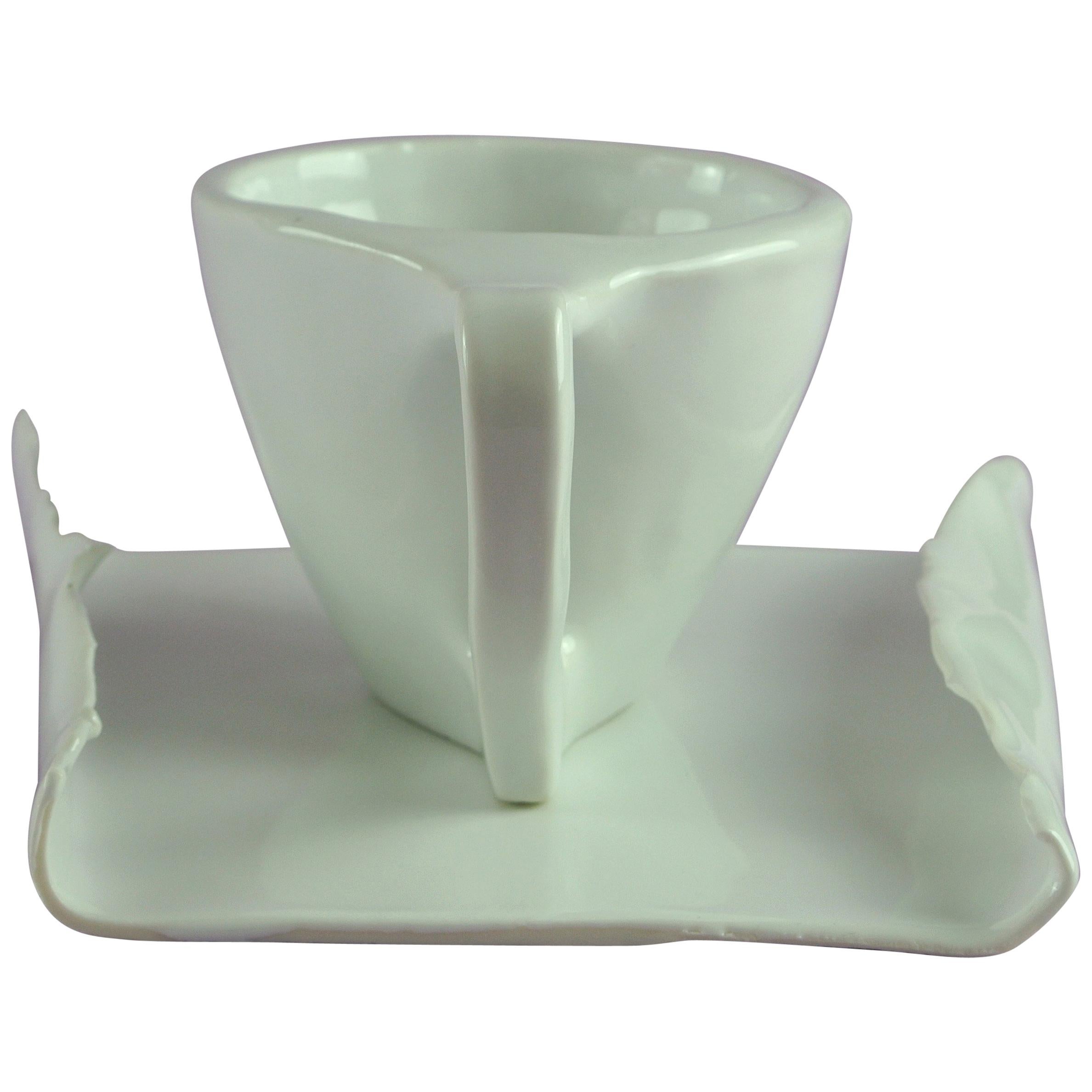 Hand Carved Porcelain Cup and Tray with White Glossy Glaze