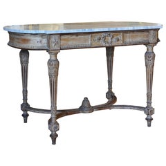 19th Century French Louis XVI Style Carved Marble-Top Blonde Wood Centre Table