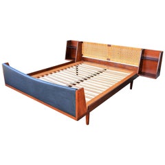 Hans Wegner Solid Teak and Cane Queen Platform Bed with Floating Bedside Tables