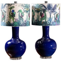 Pair of Large Cobalt Blue Vase Handmade Custom Lamps Shades Lucite Base