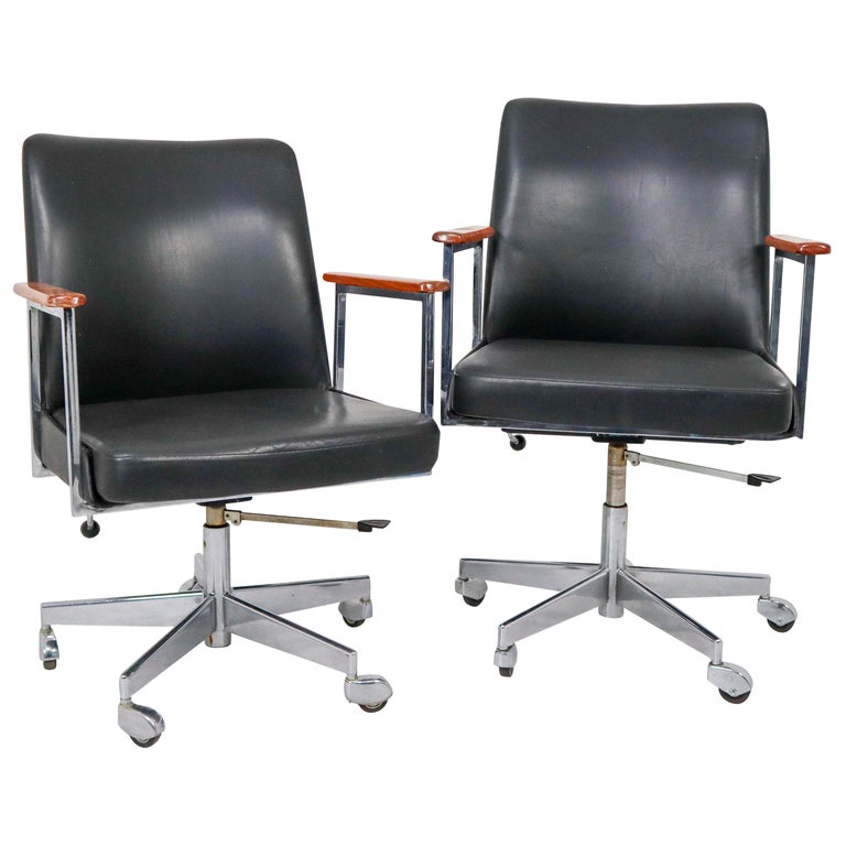 MidCentury Modern Black Leather Office Armchairs Manufactured by