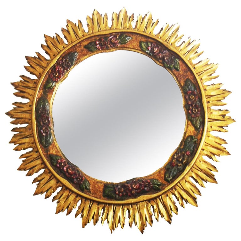 Large Wood Mirror Gilding with Gold Leaf and Polychromy, Art Deco  Midcentury For Sale
