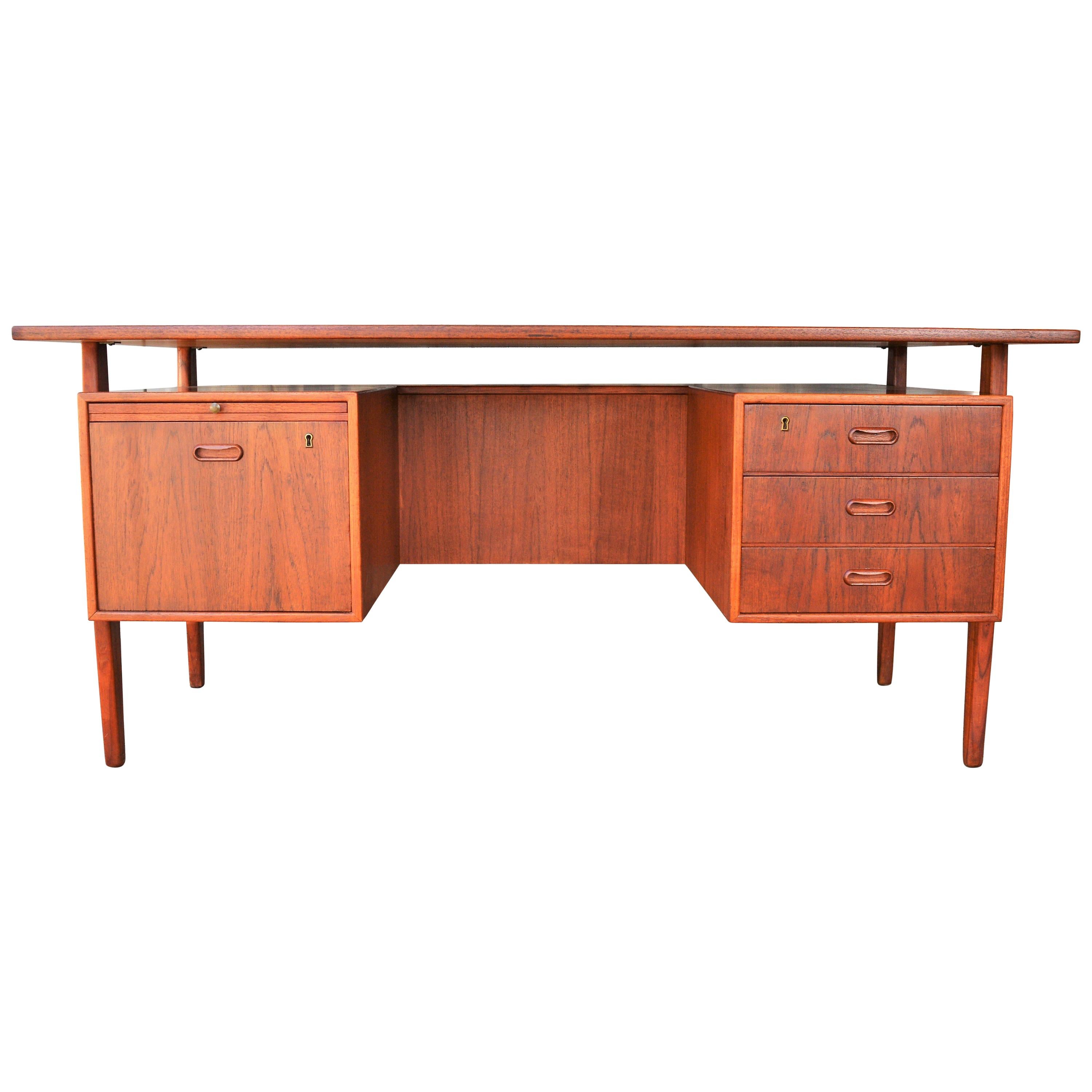 Danish Modern Teak Floating Top Executive Desk, File Drawer, Back Shelf, Key