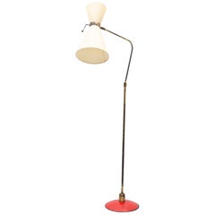 Italian Floor Lamp in Brass with Red Lacquered Metal Base, 1950s