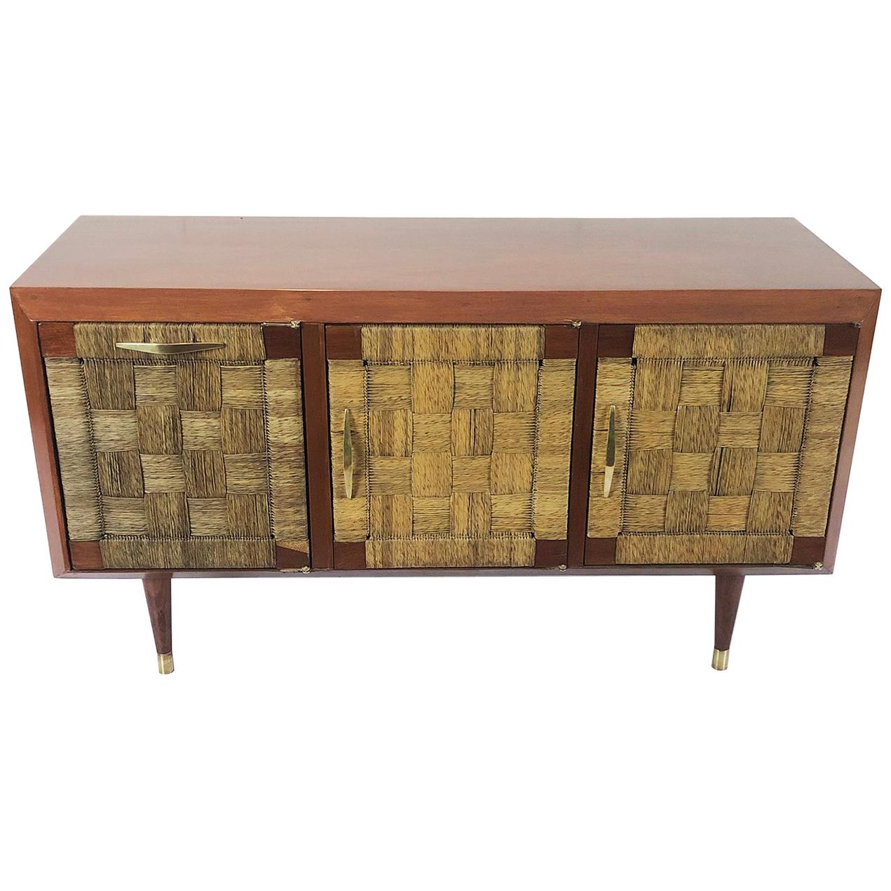 Petite Credenza in Mahogany and Woven Sea Grass Attributed to Edmond Spence For Sale
