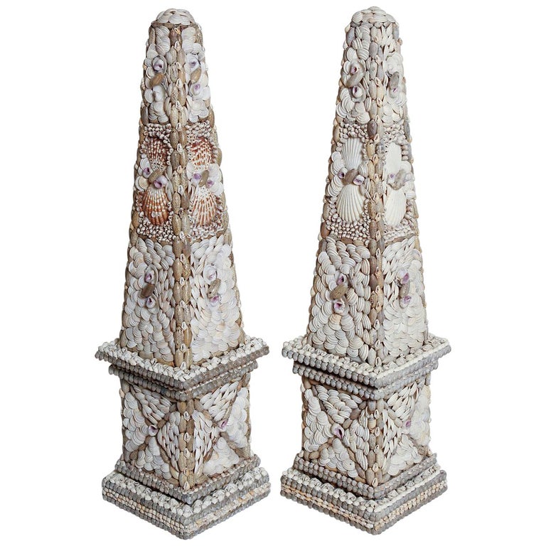 Vintage Pair of Large Shell Encrusted Obelisks at 1stDibs