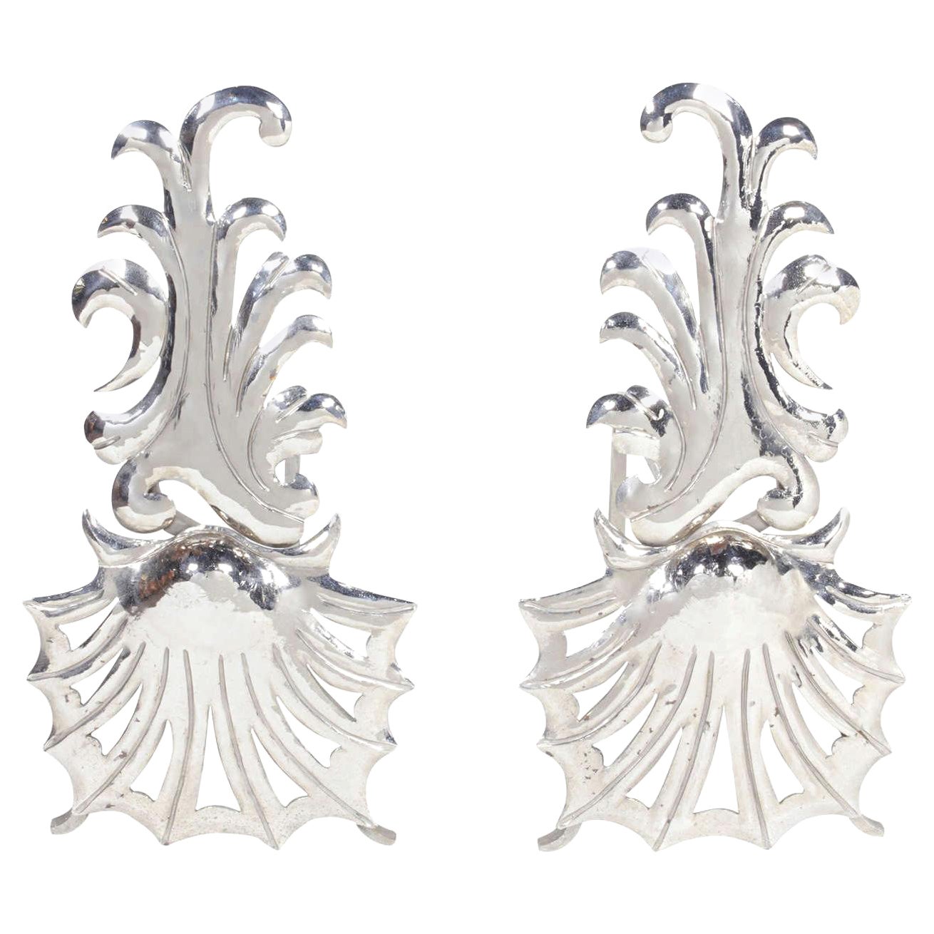 Art Deco Coastal Andirons in Hammered Nickel Plated Iron, c. 1980's For Sale