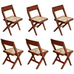 Pierre Jeanneret Solid Teak and Cane "Library" Chairs, circa 1959, Set of Six