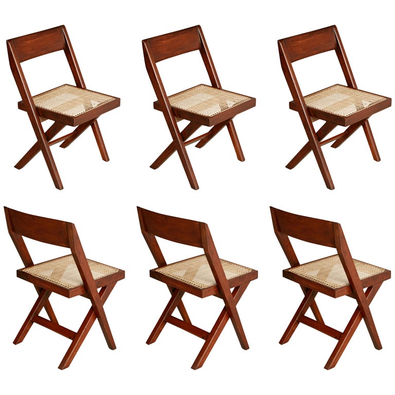 Pierre Jeanneret Solid Teak and Cane "Library" Chairs, circa 1959, Set of Six For Sale