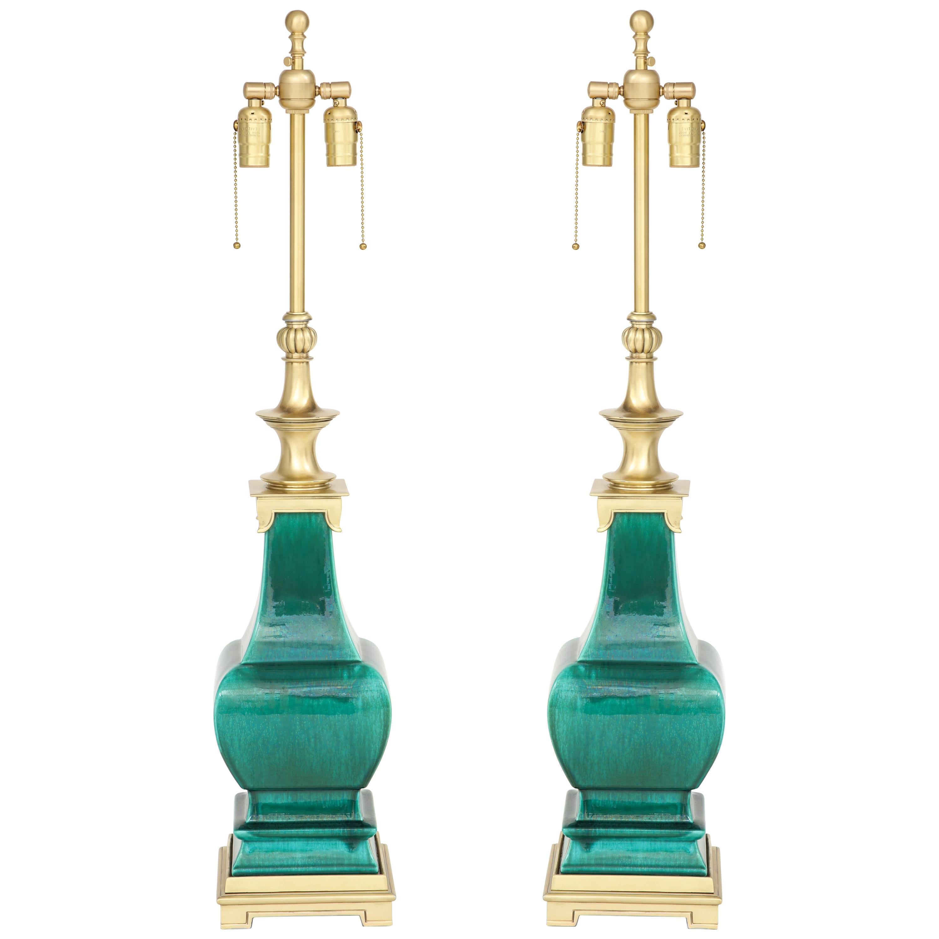 Stffel Emerald Green Porcelain, Brass Lamps
