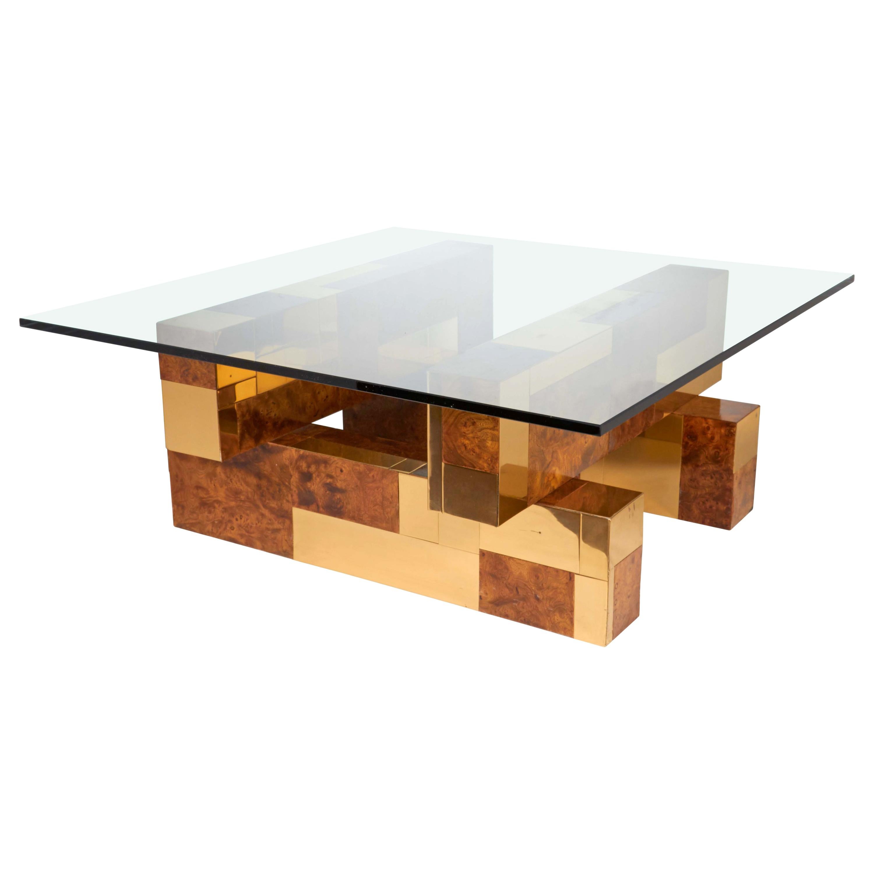 1970s Cityscape Coffee Table by Paul Evans in Brass and Burled Wood