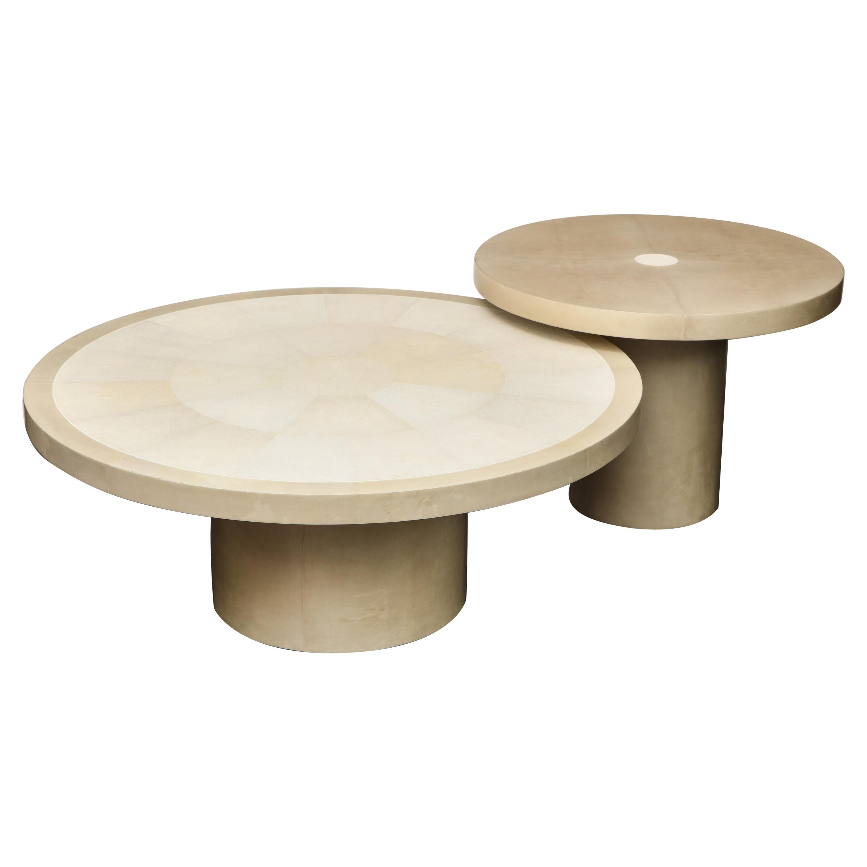 Set of 2 Round Genuine Shagreen and Parchment Tables with Bone Trim For Sale