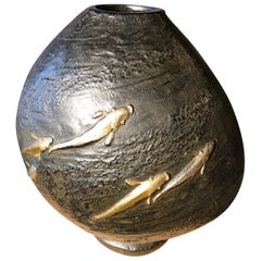 Japanese Brilliant Silver & Gold Bronze "Fish & Crab" Nautical Vase Mint & Boxed