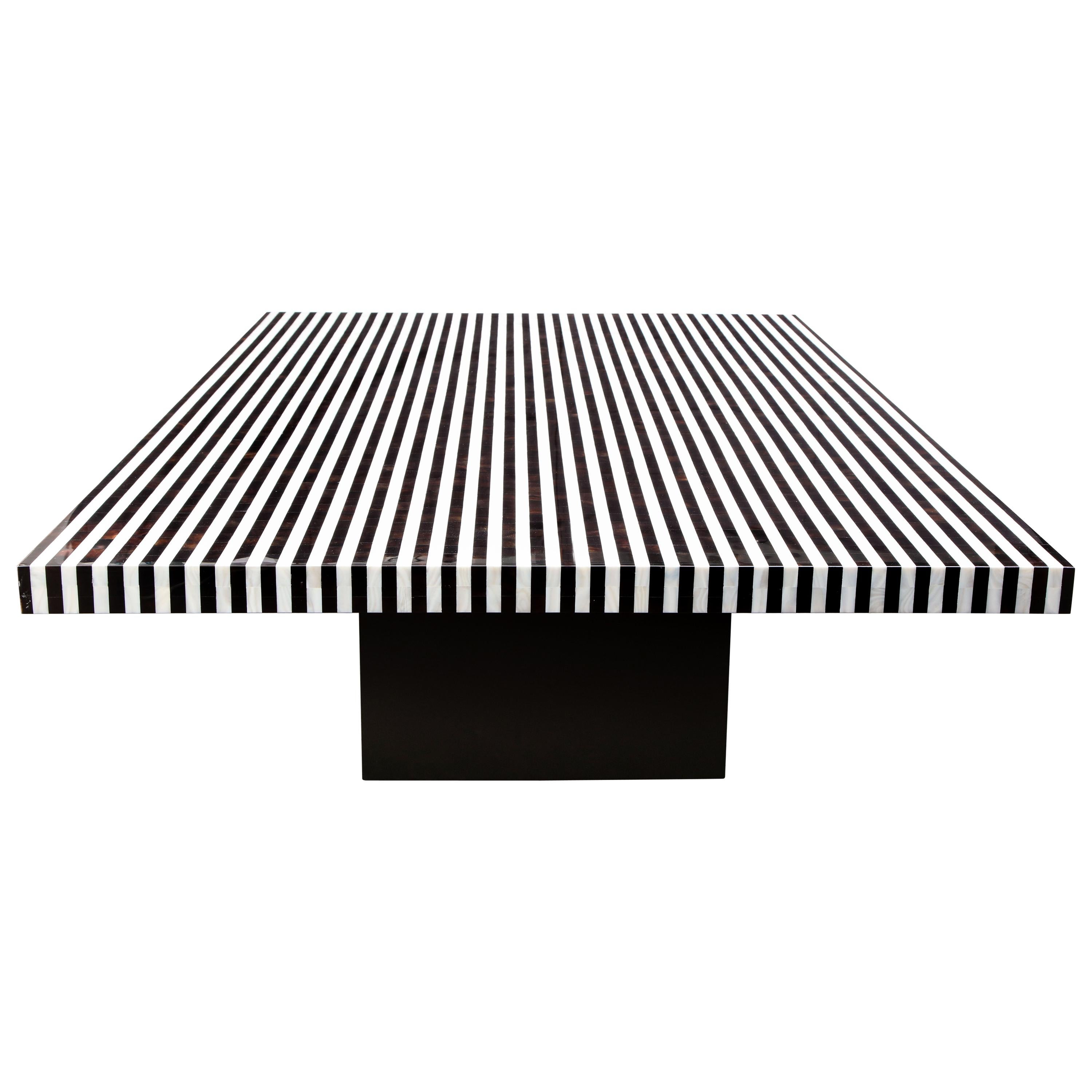 Custom Black and White Shell Stripe Marquetry Table For Sale
