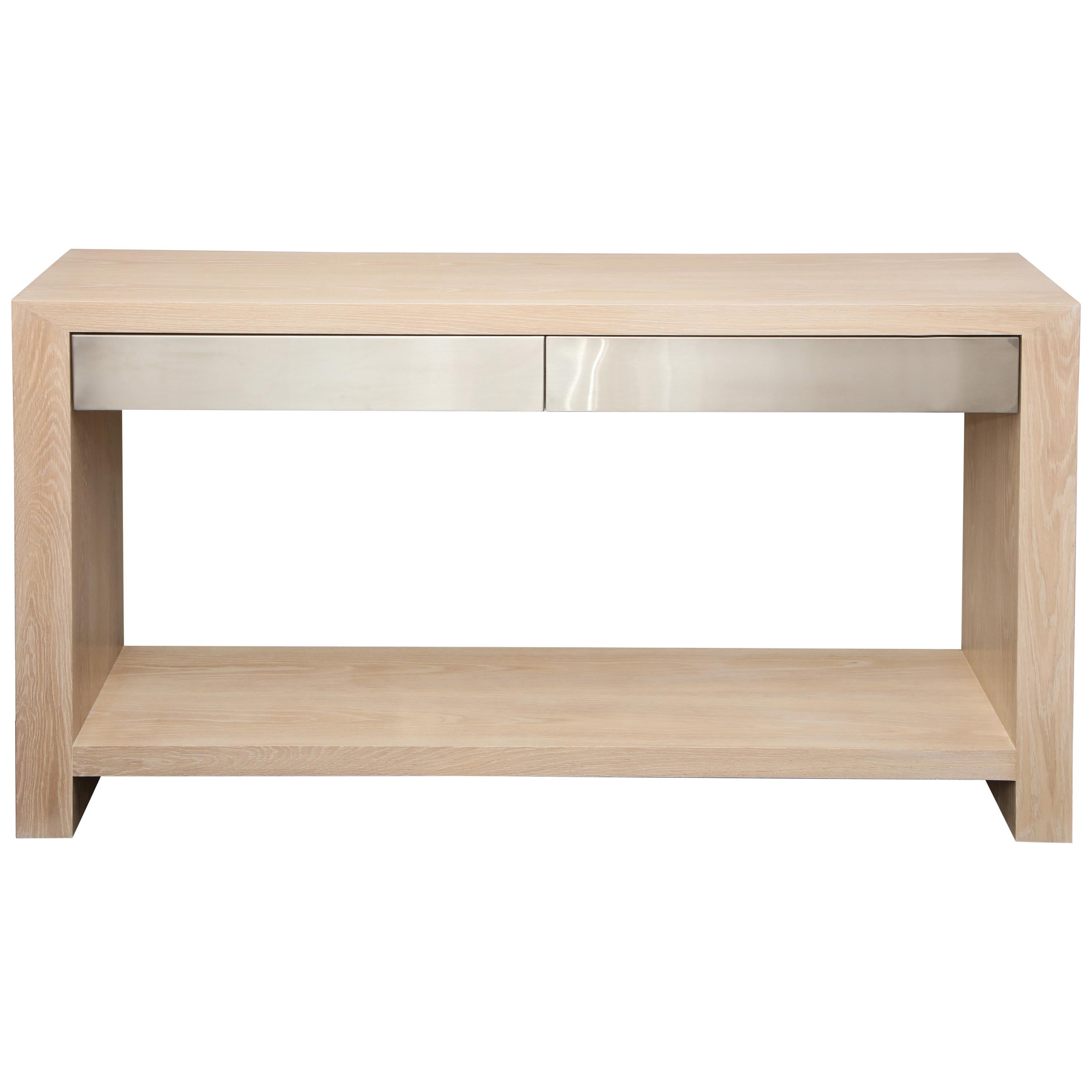 Bleached Oak Console with Brushed Stainless Steel Drawers