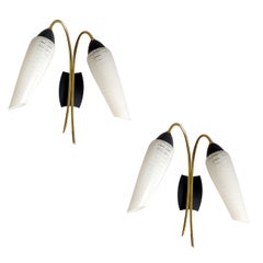 Striking Pair of French Midcentury Lunel Brass & Glass Sconces Wall Lights, 60s