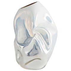 Petit Crumpled Vessel in Silver and White Hand Blown Glass by Jeff Zimmerman