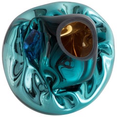 Petit Crumpled Vessel in Silver and Turquoise Hand Blown Glass by Jeff Zimmerman