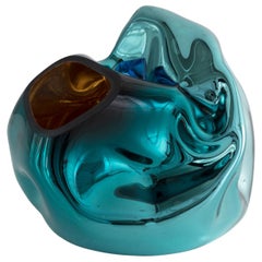 Petit Crumpled Vessel in Silver and Turquoise Hand Blown Glass by Jeff Zimmerman